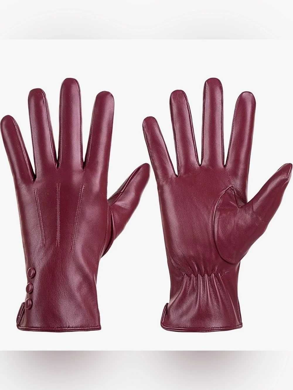 Classic Women's Leather Gloves in Burgundy with Button Detail